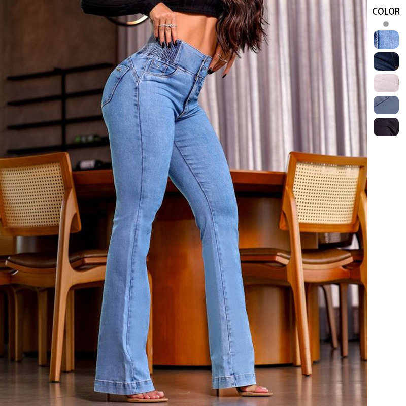 womens elastic waist flare jeans松紧弹力修身阔腿长款牛仔裤女
