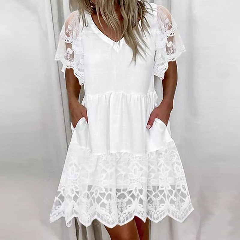 new dress women elegant ladies vestidos欧美新款v领蕾丝花边图片