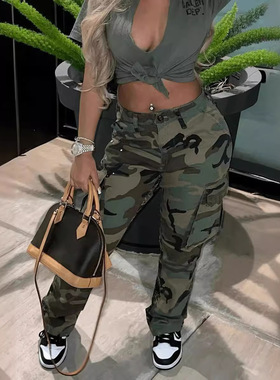 Womens Camo Cargo Pants High Waist Wide Leg Baggy Streetwear