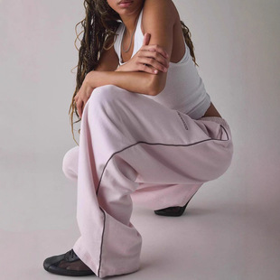 Comfortable Pink Casual Pants Womens Loose Leg Elastic Waist
