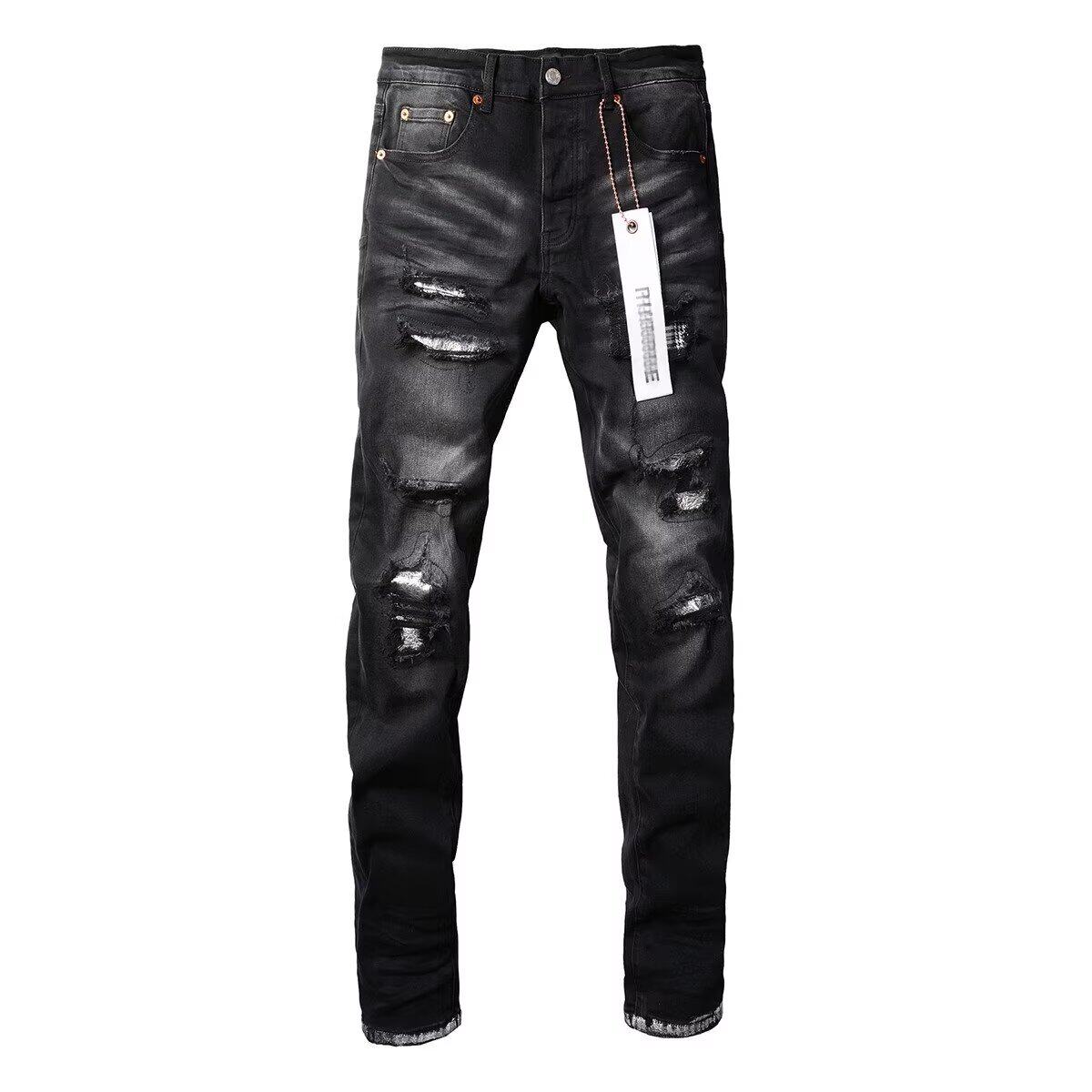 jeans jegging欧美pur新款黑色磨白破洞补丁牛仔裤男弹力修身小脚