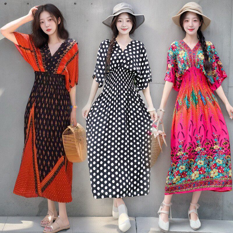 long dress women maxi vestidos boho beach民族风v领棉绸短袖