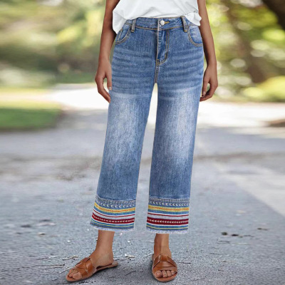women's jeans民族风刺绣毛边牛仔八分直筒裤wb俄罗斯ozon
