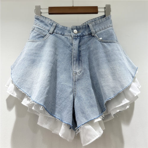 y2k shorts jeans欧美新款个性甜辣拼接花边下摆洗水磨白斜边阔腿