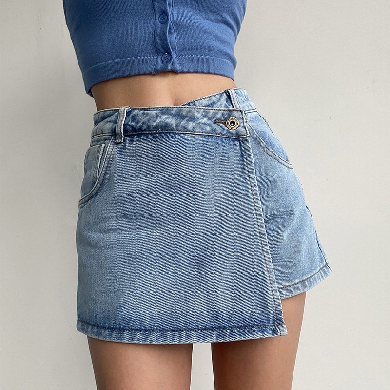 Jeans高腰a字牛仔短裤女新款浅色假两件设计气质显瘦辣妹裙裤牛仔