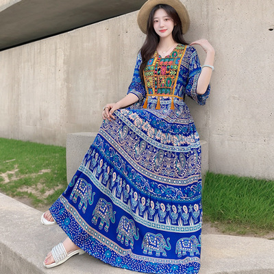 long dress women maxi vestidos boho beach棉绸沙滩裙民族风大