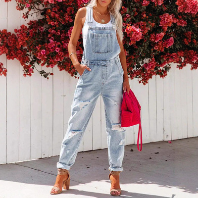 破洞牛仔女背带裤女款