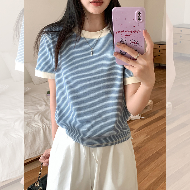 new tshirt women striped tops korean t-shirt休闲圆领条纹