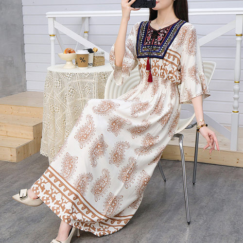 long dress women maxi vestidos boho beach民族风长裙高腰中袖