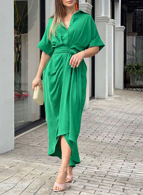 women dress ladies fashion dresses2026时尚翻领中长款短袖单排