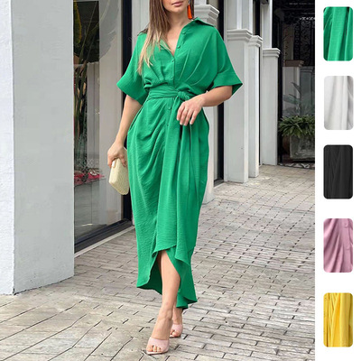 women dress ladies fashion dresses2026时尚翻领中长款短袖单排