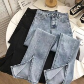 Pants Micro Waist High Denim Slit Elastic Women Flared Jeans