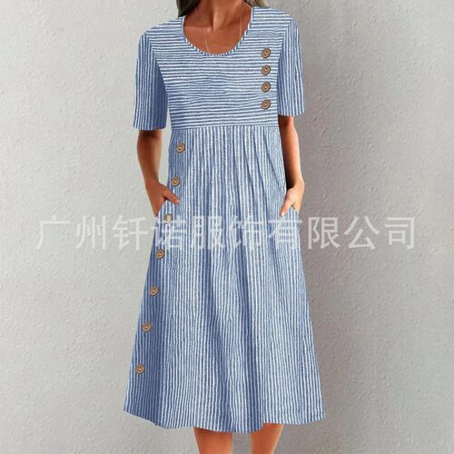 Women Business Casual Dress女裙Vintage Stripe Pocket Dresses