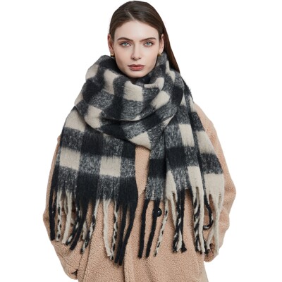 scarf shawl z家同款新款黑米格子粗流苏围巾女加厚围脖披肩women