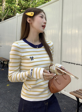new tshirt women striped tops korean t-shirt黄色条纹圆领