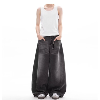 jeans baggy 青少美式墨灰做旧高街泼墨牛仔裤男女感弯刀阔腿裤