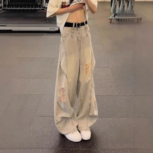 fashion women american retro jeans denim pants美式复古破洞