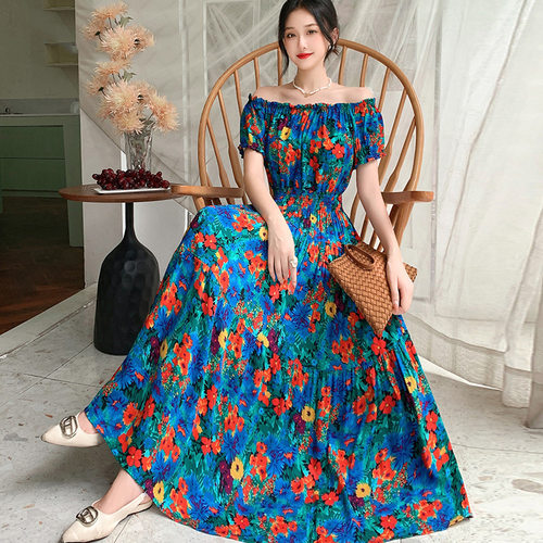 long dress women maxi vestidos boho beach人棉绸碎花一字肩