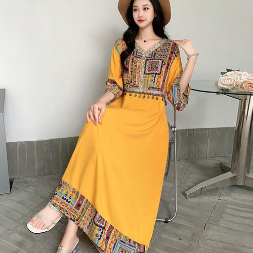 Dress Women Dresses Ladies Beach boho Maxi七分袖棉绸连衣裙女
