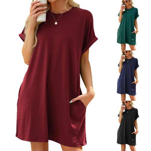 new dress women elegant ladies vestidos欧美新款纯色圆领口袋