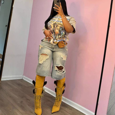 破洞牛仔阔腿裤Retro Denim Shorts Women Old Hole Cowboy Jeans