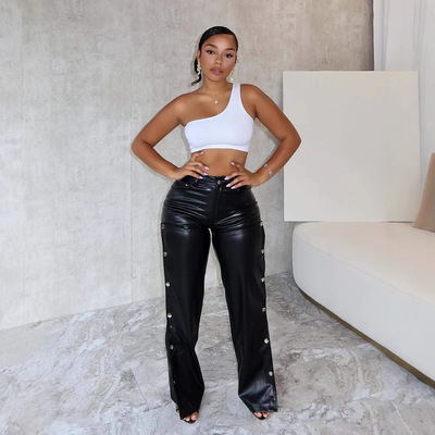 PU Leather Pants Women裤女Y2k Black Hollow Out Buttons Pants