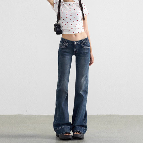 women american retro jeans wide leg denim pants低腰微喇叭
