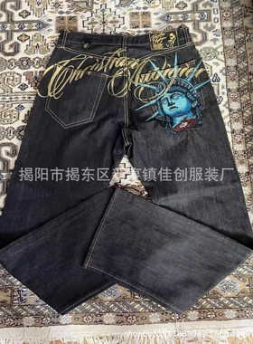 Vintage Statue of liberty Diamond Jeans Denim Pants Wide Leg