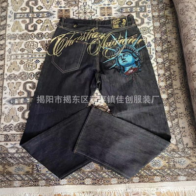 Vintage Statue of liberty Diamond Jeans Denim Pants Wide Leg