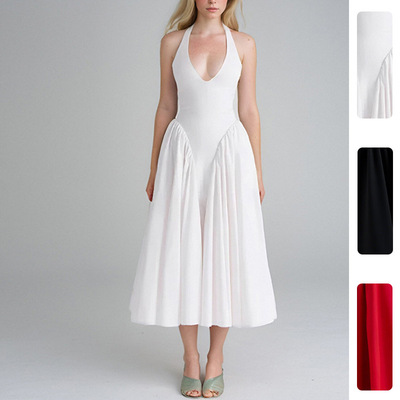 women dress ladies fashion dresses2026新款纯色气质性感v领挂