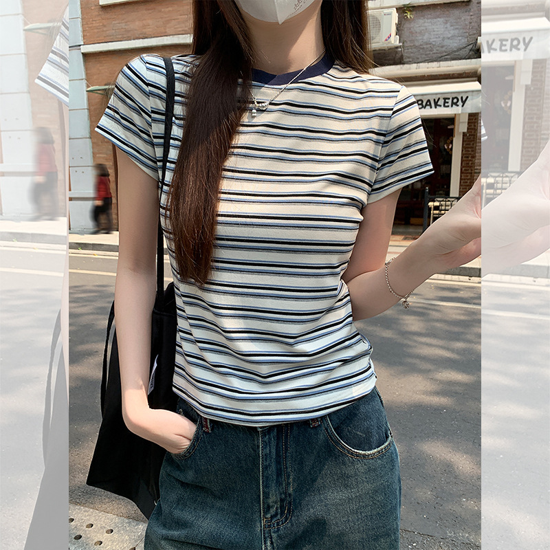 fashion women striped tops blouse美式复古条纹正肩圆领短袖