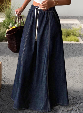 womens jeans Skirt牛仔系带长款半身裙a字大摆伞裙2026新款Girls