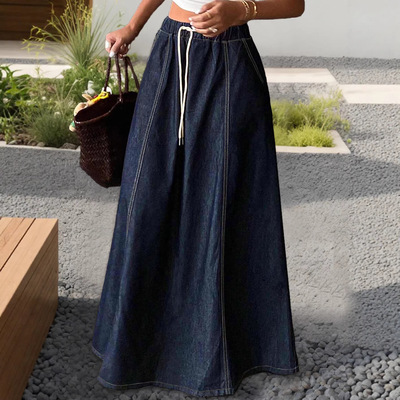 womens jeans Skirt牛仔系带长款半身裙a字大摆伞裙2026新款Girls