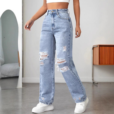 women jeans denim pants trouser蓝色破洞休闲阔腿牛仔裤女士