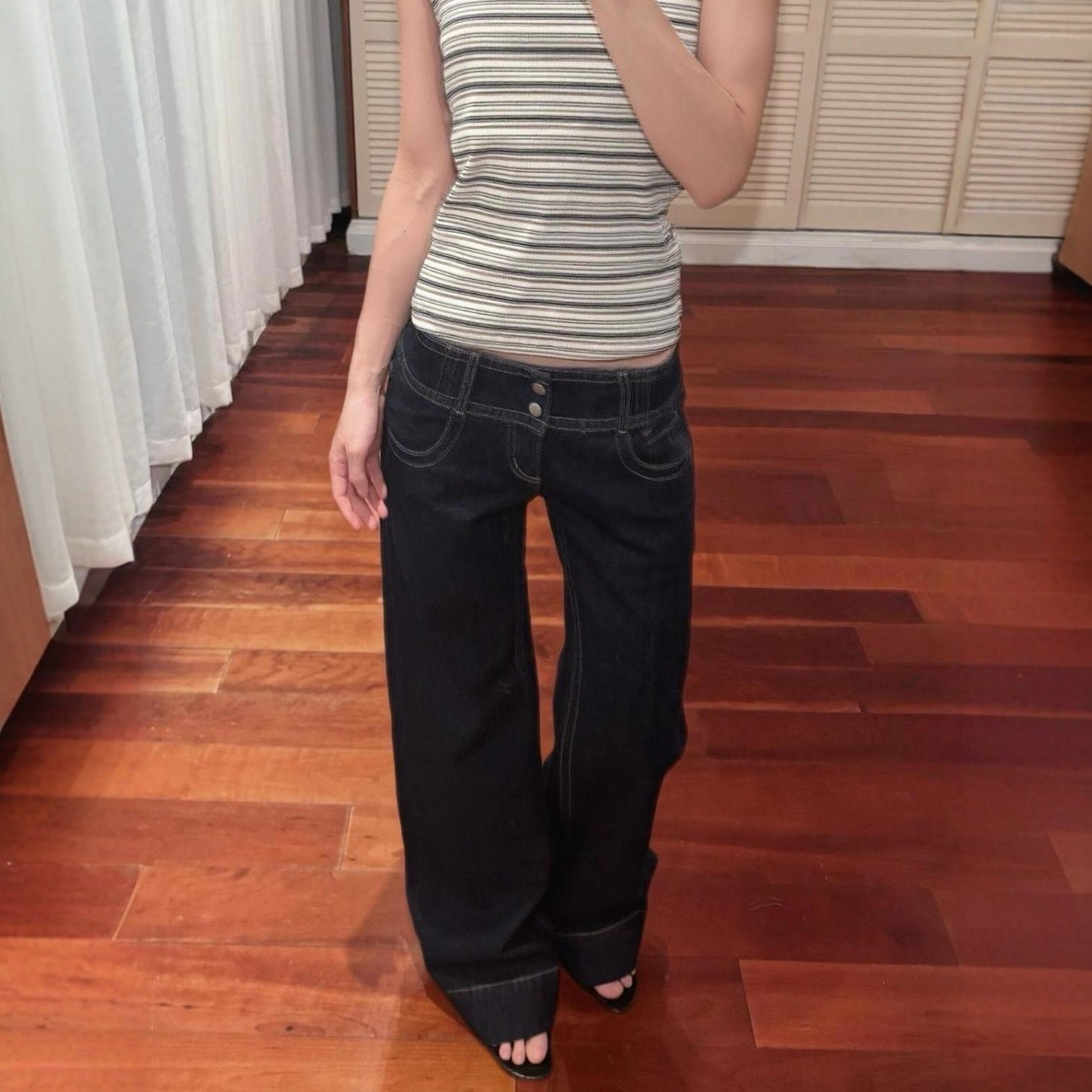 美式复古排扣设计牛仔裤女辣妹低腰直筒宽松baggy jeans low rise