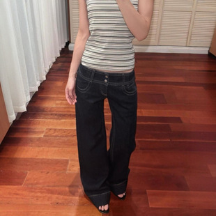 jeans 美式 复古排扣设计牛仔裤 女辣妹低腰直筒宽松baggy rise low