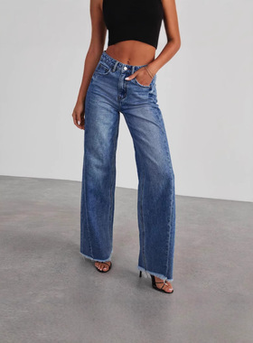 Spring Summer Womens Solid Baggy Wide Leg Hem Low Rise Jeans