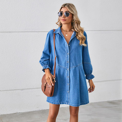 Women Denim Dress Korean Long Sleeve Midi Jeans Dresses 女裙