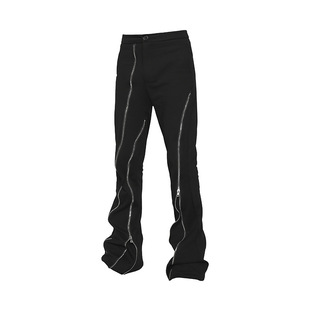 Jeans欧美嘻哈拉链分割牛仔裤男士高街潮流开叉微喇阔腿设计感