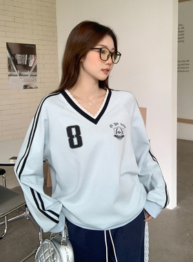 new tshirt women striped tops korean t-shirt蓝色插肩蕾丝边