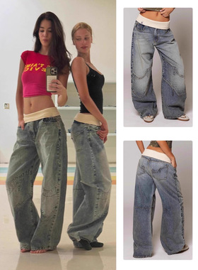 Casual baggy jeans revice denim螺纹腰头直筒牛仔裤女 复古做旧
