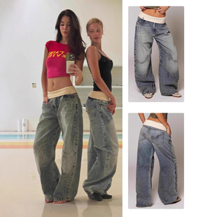 Casual baggy jeans revice denim螺纹腰头直筒牛仔裤女 复古做旧