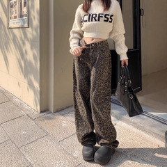 american vintage leopard jeans female autumn denim pants女裤