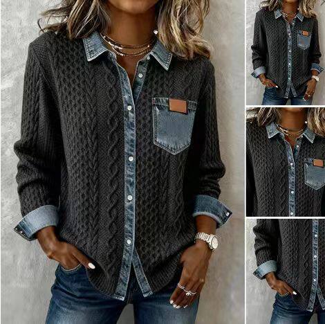 denim stylish jacket top新款欧美风针织拼接牛仔衬衫女百搭长袖