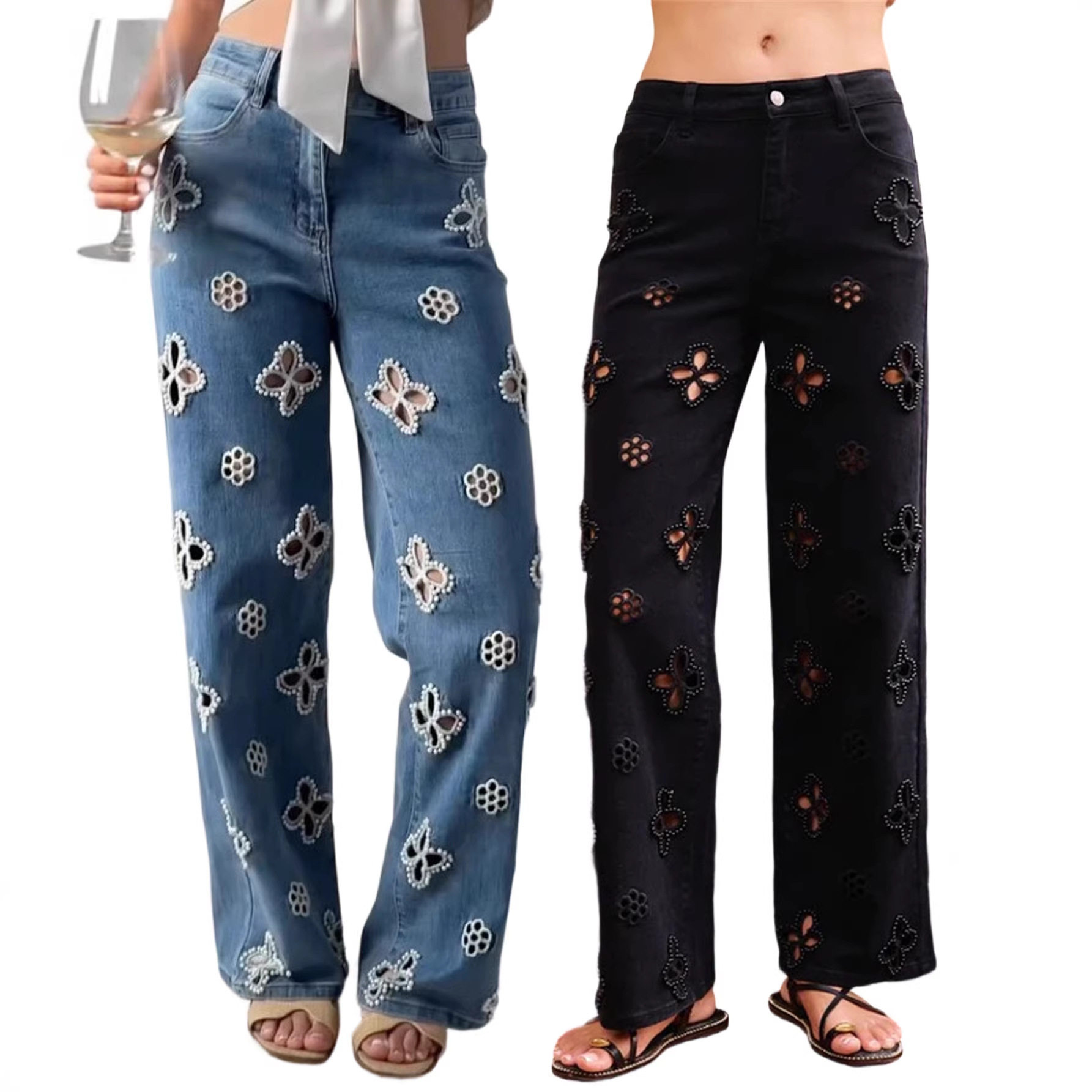 y2k Jeans hallow out denim pants 2026 新款欧货重工钉珠牛仔裤