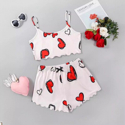 Summer Women's Sexy Pajamas Set Heart Print Sling Sleepwear