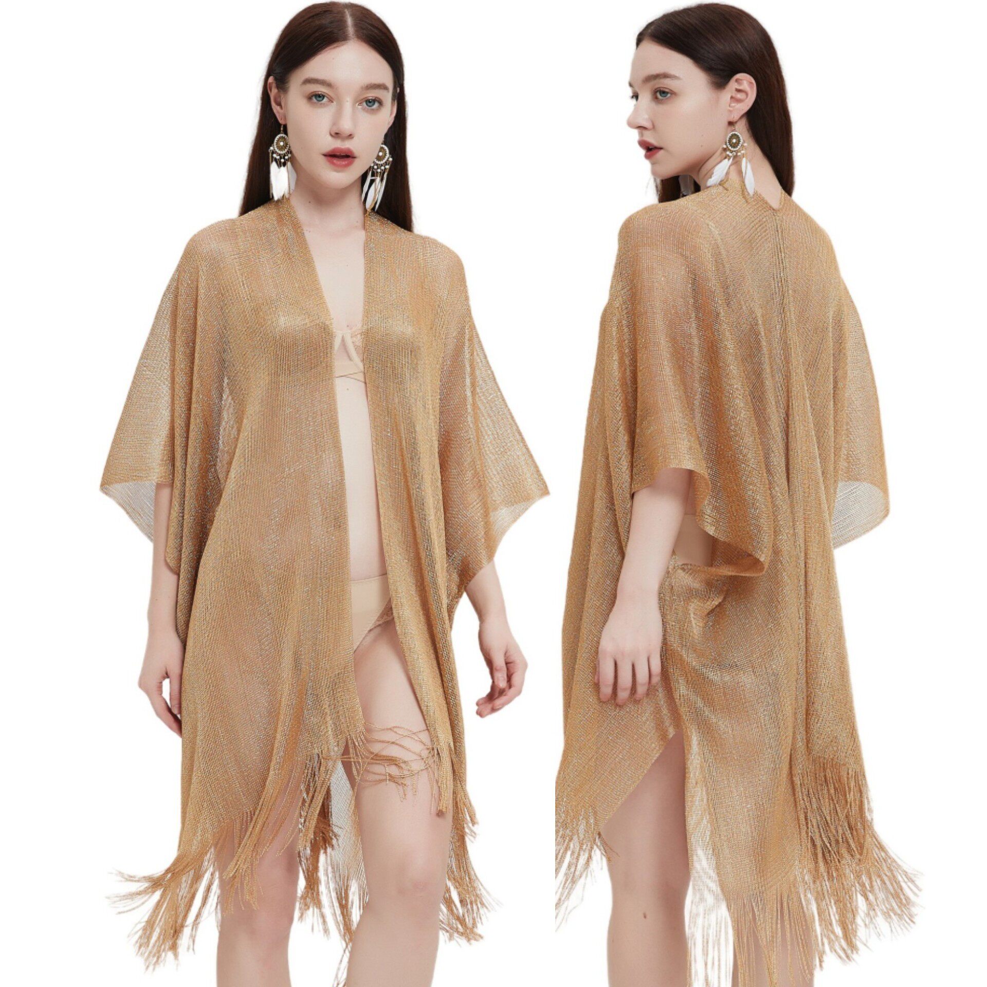 scarf shawl热款新款袖口金银丝流苏披风女纯色透明薄款披肩