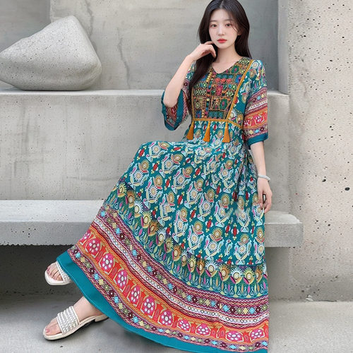 Long Dress Women Maxi Vestidos Boho Beach东南亚民族风大摆裙V