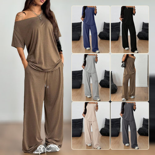 Women's off shoulder Tshirt+2-piece Long Pants Set Home Wear