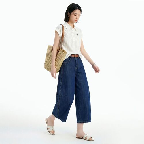 american style denim pants wide leg jeans trousers七分裤
